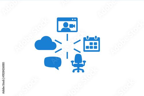 A set of blue icons representing remote work and digital collaboration, including a video call, calendar, office chair, speech bubble, and cloud, connected by lines on a black background.