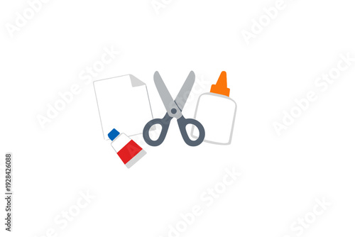 An illustration of essential school and craft supplies including a white sheet of paper, a pair of scissors, a bottle of liquid glue, and a glue stick on a black background.