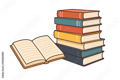 A cartoon illustration of a stack of colorful hardcover books next to an open book with blank pages, set against a solid black background. Ideal for education and library concepts.