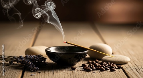 Incense Sticks and Lavender on Wooden Table.