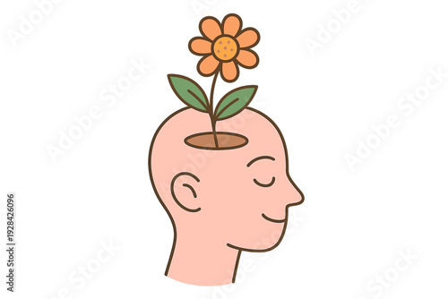 A simple illustration of a human head in profile with a blooming orange flower growing from the top. The person has closed eyes and a peaceful smile against a black background.