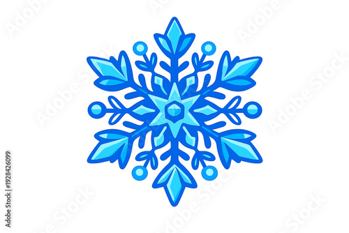 A stylized blue snowflake with a symmetrical design and intricate patterns is centered on a solid black background. The illustration features various shades of cyan and dark blue.