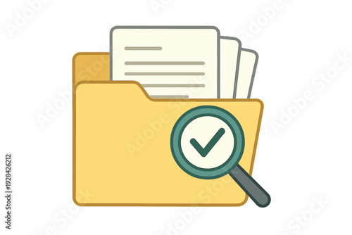 A yellow file folder contains several white documents with text lines. A magnifying glass with a green checkmark is placed on the front, symbolizing a successful document audit or review.