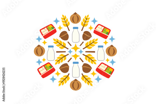This flat illustration features a symmetrical circular pattern of food icons like milk bottles, wheat stalks, nuts, and lunch boxes against a solid black background.