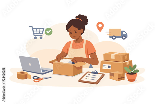 A woman packs a cardboard box at a desk with a laptop, scissors, and tape. Icons for shopping, location, and delivery appear in the background of this flat illustration.