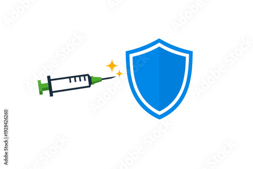 A flat illustration of a medical syringe pointing towards a blue shield on a black background, symbolizing vaccination and immune system protection against diseases.
