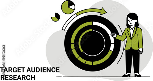 Target audience research with woman presenting demographic data and charts