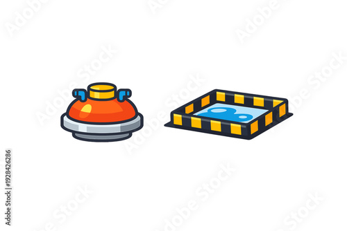 A vector illustration featuring a futuristic orange machine with blue pipes next to a rectangular pool of blue liquid surrounded by yellow and black hazard stripes on a black background.