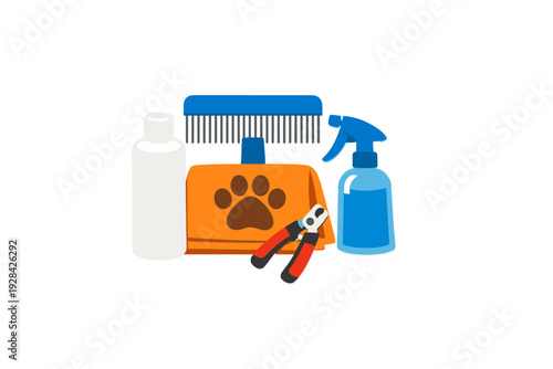 A vector illustration of pet grooming supplies including a shampoo bottle, a brush, a towel with a paw print, nail clippers, and a spray bottle, all set against a black background.