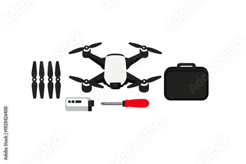 A flat illustration of a drone kit including a black and white quadcopter, spare propeller blades, a carrying case, and a red screwdriver, all arranged on a solid black background.