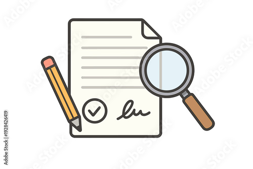 A flat vector illustration of a signed document with a checkmark, a pencil, and a magnifying glass, representing a contract review, audit, or legal verification process.