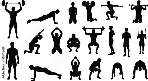Fitness workout silhouette set, men exercising with barbell and bodyweight training poses isolated vector illustration collection