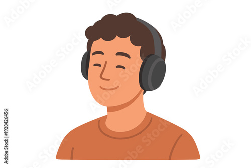 A flat vector illustration of a young man with curly brown hair wearing black headphones. He has a peaceful expression with closed eyes and a smile while listening to music.