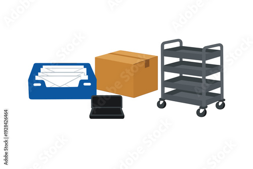 This vector illustration features a blue crate containing envelopes, a sealed cardboard box, a black electronic case, and a grey four-tier rolling cart on a black backdrop.