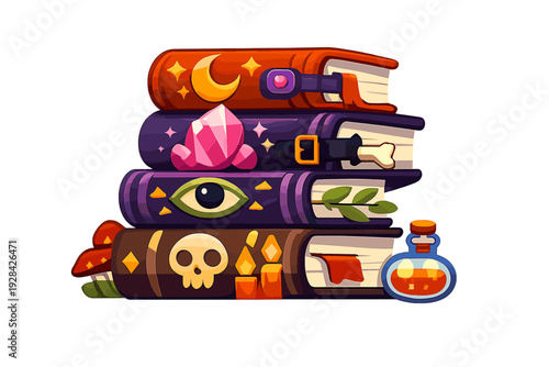 This illustration shows a stack of four mystical spell books decorated with a moon, crystals, an eye, and a skull. A small potion bottle and mushrooms sit beside the books.