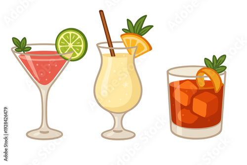 Three colorful cartoon cocktails including a pink martini with lime, a yellow tropical drink with a straw, and an amber beverage with ice cubes and orange peel on a black background.