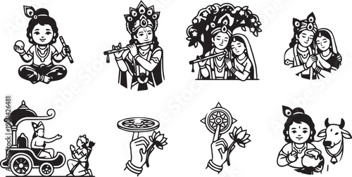 Lord Krishna Line Art Icons Collection