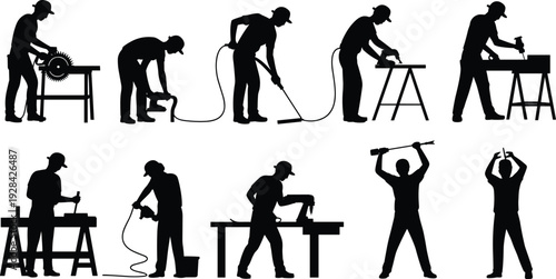 Construction worker silhouettes set, carpenter and handyman using power tools at workshop isolated vector illustration collection