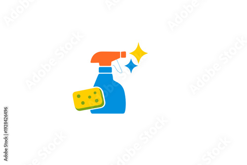 A flat vector illustration of a blue spray bottle with an orange trigger, a yellow sponge with green spots, and sparkling stars, representing cleaning and hygiene on a black background.
