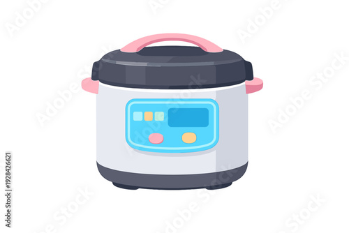 A vector illustration of a modern electric rice cooker with a white body, dark grey lid, and pink handles. The front features a blue digital control panel with colorful buttons.