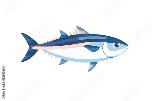 This vector illustration depicts a blue and white tuna fish with detailed fins and a sleek profile. The marine animal is shown in a side view against a solid black backdrop.