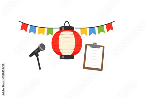 A flat illustration featuring a red and white Japanese lantern hanging below colorful bunting flags, accompanied by a microphone on a stand and a clipboard with paper on a black background.