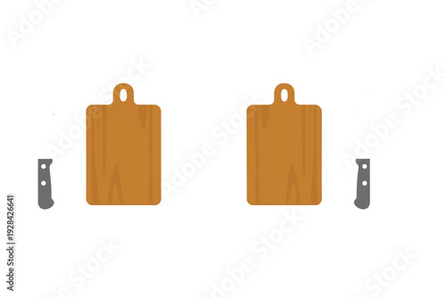This flat illustration depicts a pair of wooden chopping boards and two kitchen knives set against a black backdrop. The symmetrical composition highlights basic culinary equipment.