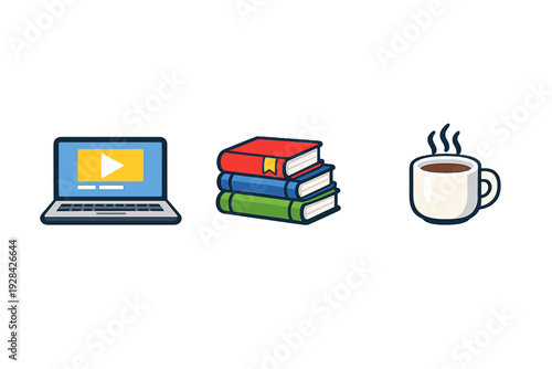 A flat illustration featuring a laptop with a video play icon, a stack of three colorful books, and a steaming white cup of coffee, all set against a solid black background.
