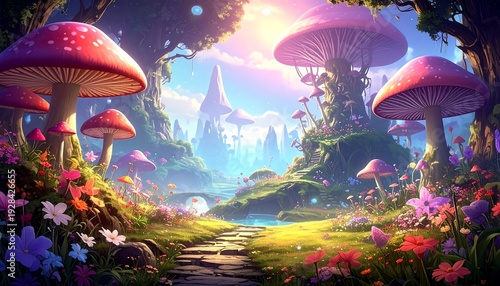 Enchanted Mushroom Forest - A Whimsical Landscape of Fantasy.