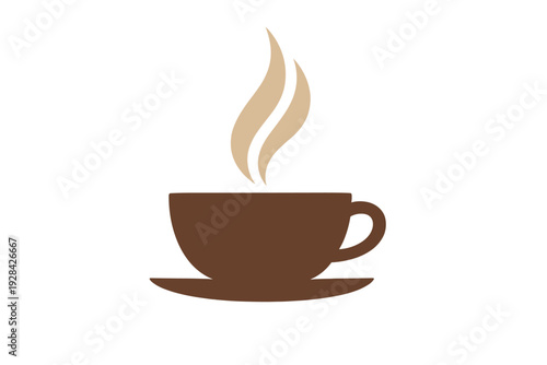 A minimalist illustration of a brown coffee cup and saucer with tan steam rising from the top, isolated on a solid black background. This graphic represents a hot morning beverage.