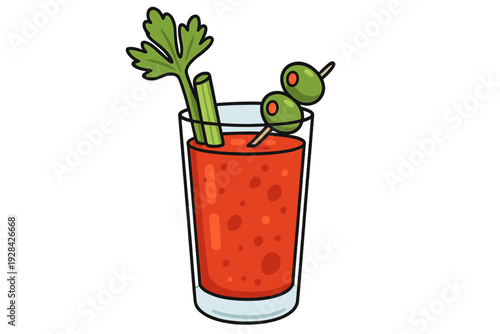 A cartoon illustration of a Bloody Mary cocktail in a tall glass, garnished with a fresh celery stalk and two green olives on a toothpick, set against a solid black background.