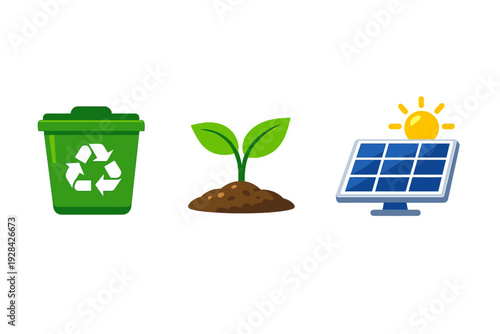 Three environmental icons featuring a green recycling bin, a young plant growing in soil, and a solar panel with the sun, all set against a solid black background.