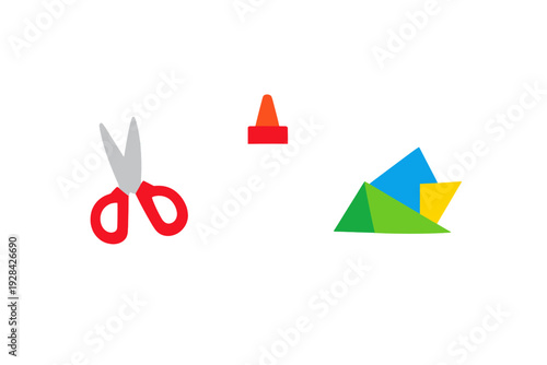 A flat illustration featuring a pair of red scissors, a white glue bottle with an orange cap, and a colorful paper craft arrangement against a solid black background.