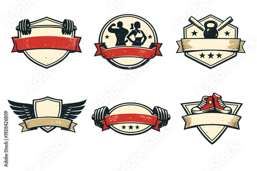 A collection of six vintage fitness and gym emblems featuring barbells, silhouettes of athletes, kettlebells, and sneakers. These retro badges include ribbons and shields on a black background.