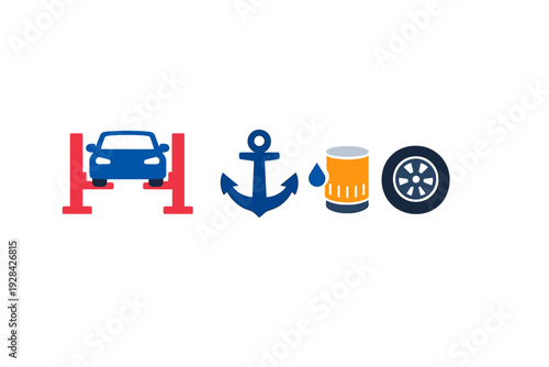 A collection of flat vector icons representing automotive and marine services, including a car on a lift, an anchor, an oil filter with a drop, and a vehicle tire on a black background.