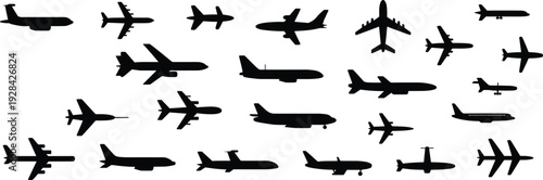 Airplane silhouette mega collection, commercial passenger cargo and military aircraft side and top view aviation vector illustration set
