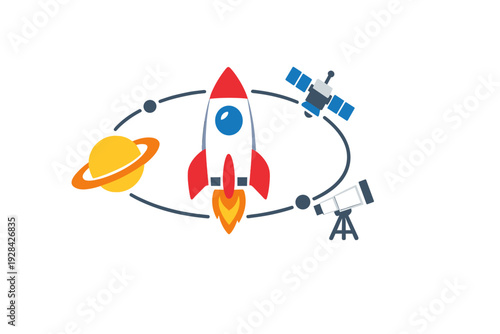 This flat vector illustration shows a rocket ship launching, a ringed planet, a satellite, and a telescope positioned along an elliptical orbit path against a black background.