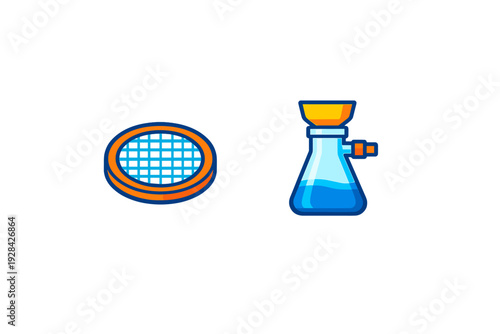 A stylized illustration featuring a circular sieve with a blue grid and a conical flask with a funnel containing blue liquid, both set against a solid black background.