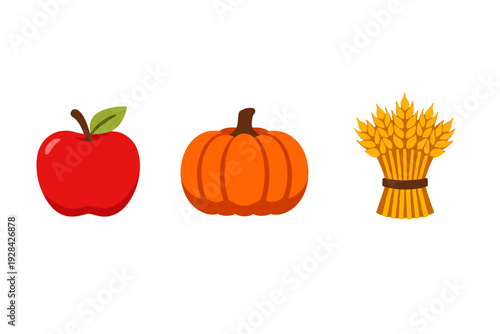 This graphic illustration shows a red apple, an orange pumpkin, and a bundle of golden wheat stalks. The items are set against a plain black background for a clean look.