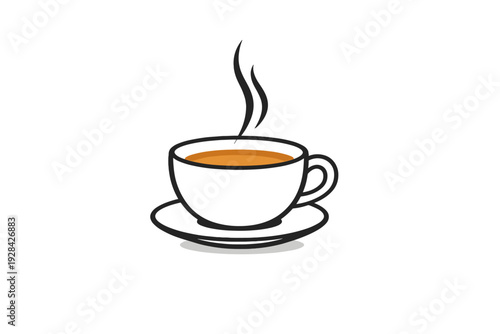 A minimalist illustration of a white ceramic coffee cup filled with a hot beverage, sitting on a matching saucer with steam rising above it against a solid black background.