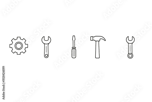 A collection of five white line icons representing tools and machinery, including a gear, two wrenches, a screwdriver, and a hammer, arranged horizontally on a black background.