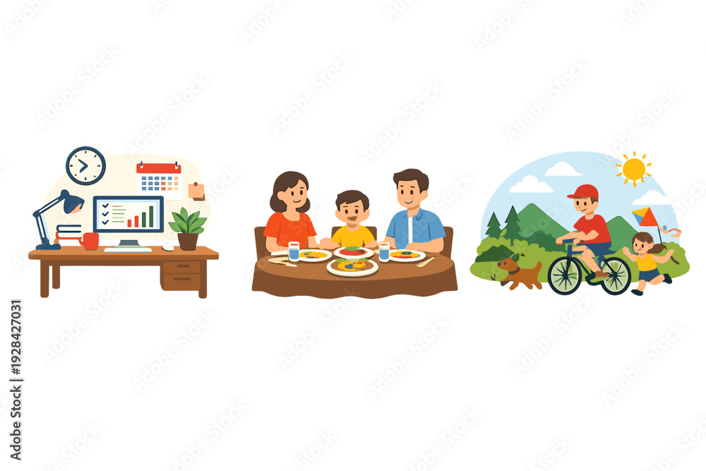 Fototapeta premium Three cartoon illustrations showing a home office desk, a family eating dinner together at a table, and children playing outdoors with a dog on a sunny day in the mountains.