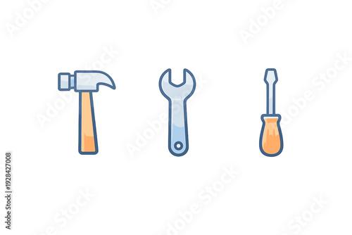 Three stylized tool icons including a hammer, a wrench, and a screwdriver are displayed against a solid black background. The illustrations feature soft gradients and rounded edges.