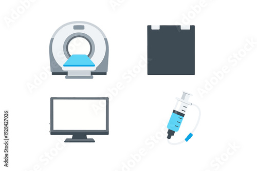 A set of four medical icons featuring a CT scanner, an X-ray film, a computer monitor, and a syringe with a tube, representing diagnostic imaging and radiology equipment.