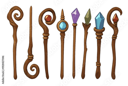 A collection of eight unique wooden magic staves and wands featuring various colorful crystals and gems, displayed in a row against a solid black background for fantasy game design.
