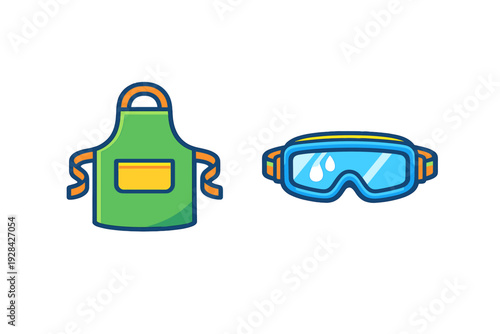A green apron with a yellow pocket and orange straps is shown next to a pair of blue safety goggles. Both items are stylized illustrations set against a solid black background.