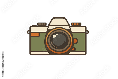 A stylized flat illustration of a vintage film camera with a green body and cream accents set against a solid black background. The design features a large central lens and retro dials.