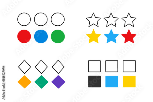 A collection of geometric shapes arranged in a grid on a black background. The set includes circles, stars, diamonds, and squares in both white and various bright solid colors.