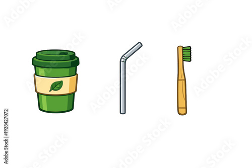 A vector illustration of eco-friendly items including a green reusable coffee cup with a leaf logo, a metal straw, and a bamboo toothbrush with green bristles on a black background.