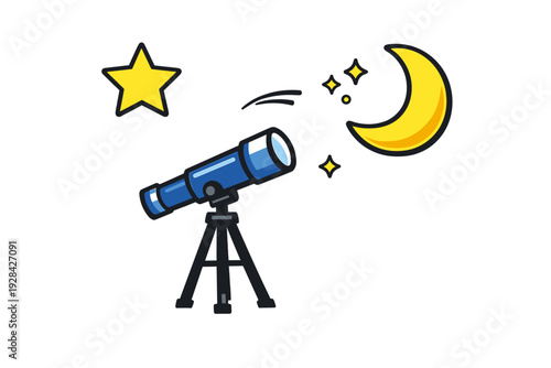 A blue telescope on a tripod is positioned against a black background with a yellow crescent moon and stars. This simple cartoon illustration represents astronomy and space observation.